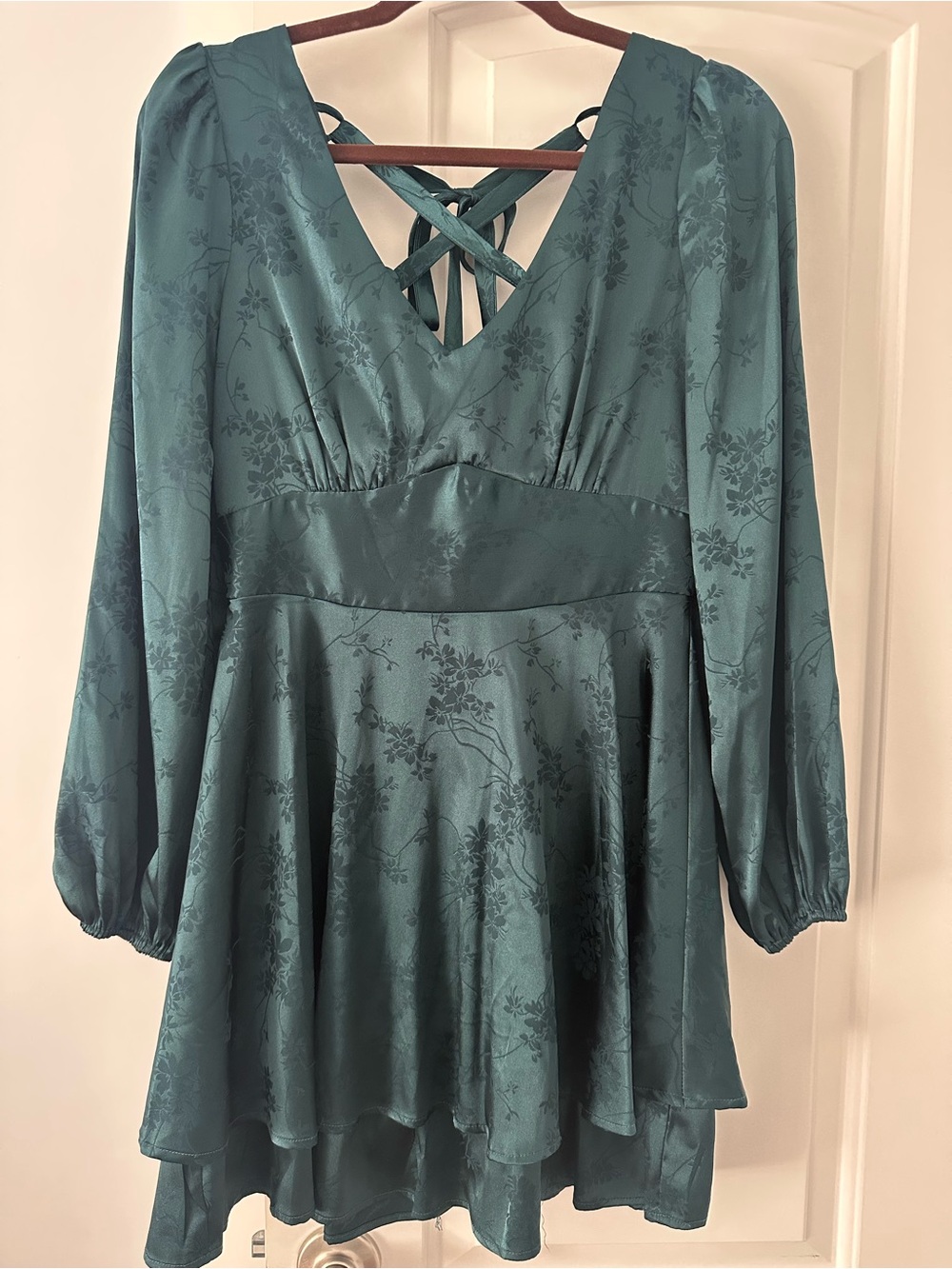 V-Neck Long Sleeve Lace Up Back Double Hem Fit-and-Flare Dress